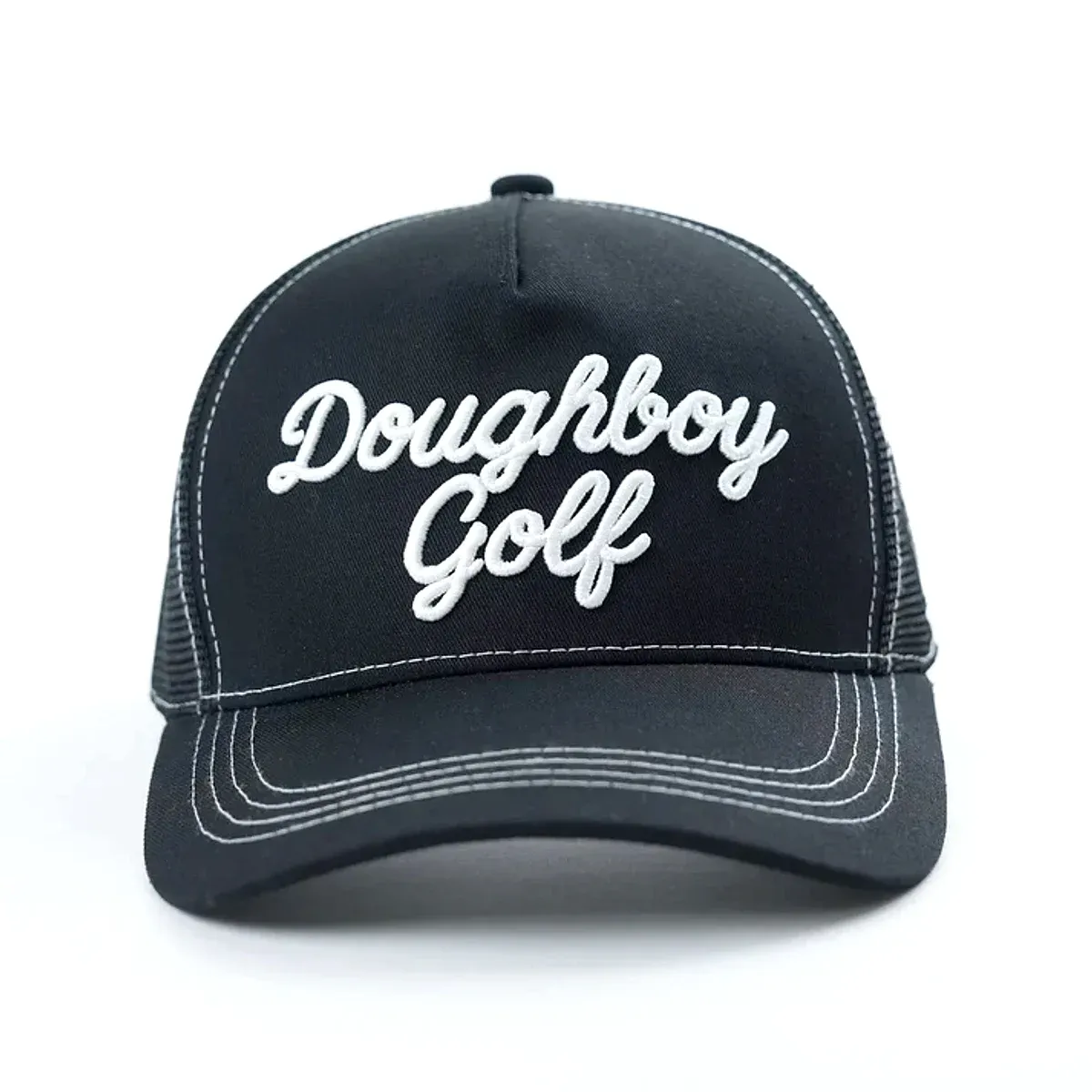 Black mesh-back trucker cap with "Doughboy Golf" embroidered in white cursive script.