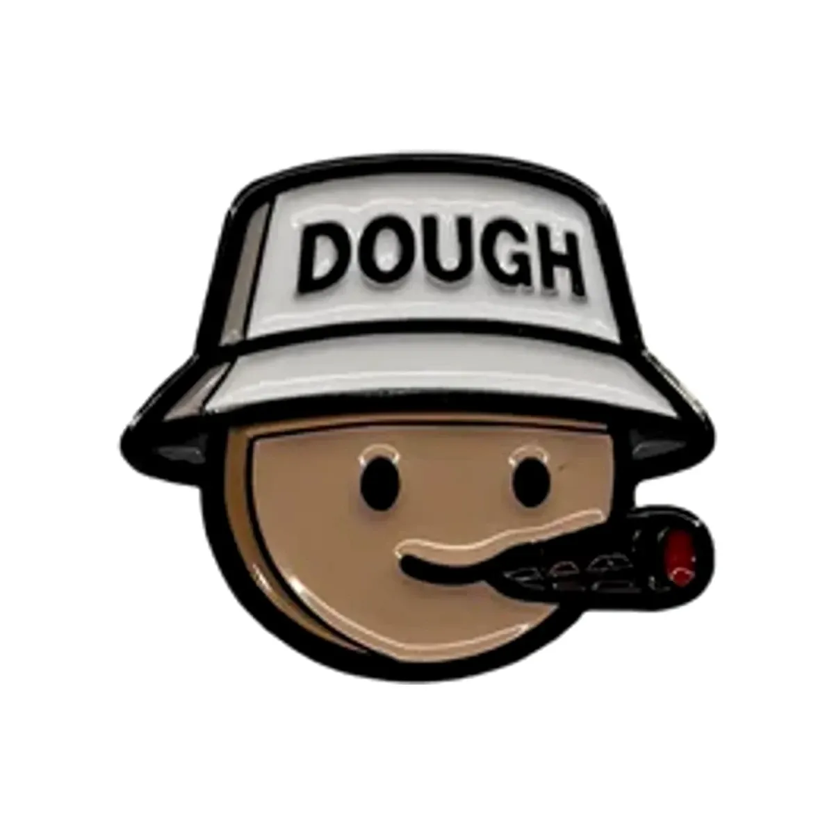 Enamel pin and magnetic ball marker of the Doughboy dough-face in a DOUGH bucket hat, smoking a cigar.